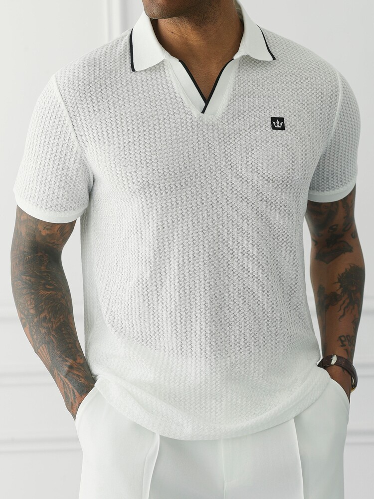 HUEFORM Men's Old Money White Textured Fabric, Loose Fi Polo Shirts,Crown Logo Design-Giving The Product A Premium, High-End Look. 
Suitable For Daily Travel - White - View 5