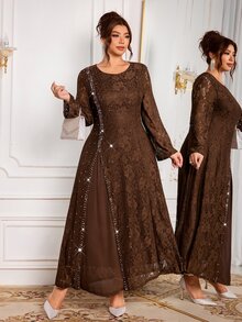 Modelyn Gaun Wanita Ukuran Besar dengan Desain Renda dan Manik-Manik, Modis, Sederhana, Elegan, dan Mengencangkan Pinggang, Model Mengembang. - Coffee Brown - View 6