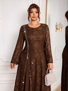 Modelyn Gaun Wanita Ukuran Besar dengan Desain Renda dan Manik-Manik, Modis, Sederhana, Elegan, dan Mengencangkan Pinggang, Model Mengembang. - Coffee Brown - View 7