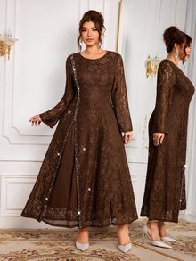 Modelyn Gaun Wanita Ukuran Besar dengan Desain Renda dan Manik-Manik, Modis, Sederhana, Elegan, dan Mengencangkan Pinggang, Model Mengembang. - Coffee Brown - View 3
