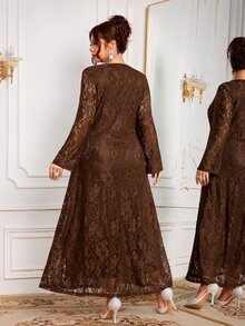 Modelyn Gaun Wanita Ukuran Besar dengan Desain Renda dan Manik-Manik, Modis, Sederhana, Elegan, dan Mengencangkan Pinggang, Model Mengembang. - Coffee Brown - View 2