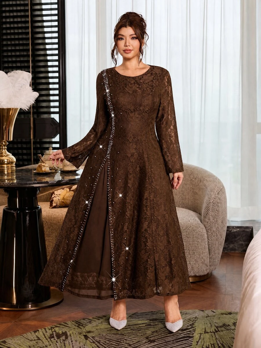 Modelyn Gaun Wanita Ukuran Besar dengan Desain Renda dan Manik-Manik, Modis, Sederhana, Elegan, dan Mengencangkan Pinggang, Model Mengembang. - Coffee Brown - View 1