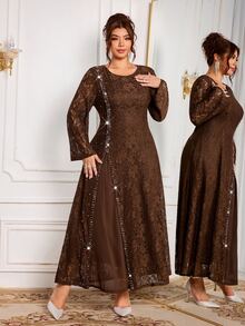 Modelyn Gaun Wanita Ukuran Besar dengan Desain Renda dan Manik-Manik, Modis, Sederhana, Elegan, dan Mengencangkan Pinggang, Model Mengembang. - Coffee Brown - View 5