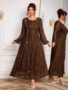 Modelyn Gaun Wanita Ukuran Besar dengan Desain Renda dan Manik-Manik, Modis, Sederhana, Elegan, dan Mengencangkan Pinggang, Model Mengembang. - Coffee Brown - View 4