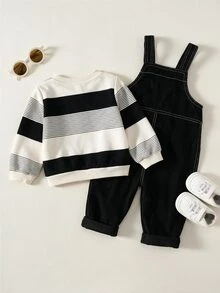 SHEIN 中性嬰兒男/女童、幼兒 2 件組秋冬休閒可愛條紋衛衣套裝，燈芯絨吊帶褲，嬰兒冬季衣著/套裝，萬聖節 - 彩色 - 查看 2
