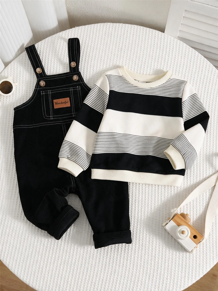 SHEIN 中性嬰兒男/女童、幼兒 2 件組秋冬休閒可愛條紋衛衣套裝,燈芯絨吊帶褲,嬰兒冬季衣著/套裝,萬聖節 - 彩色 - 查看 1
