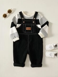 SHEIN 中性嬰兒男/女童、幼兒 2 件組秋冬休閒可愛條紋衛衣套裝，燈芯絨吊帶褲，嬰兒冬季衣著/套裝，萬聖節 - 彩色 - 查看 4