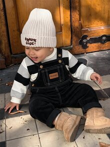 SHEIN 中性嬰兒男/女童、幼兒 2 件組秋冬休閒可愛條紋衛衣套裝，燈芯絨吊帶褲，嬰兒冬季衣著/套裝，萬聖節 - 彩色 - 查看 7