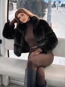 Anewsta New European And American Style Fashionable Fluffy Trim Fox Hair Colorful Pointed Hem Warm Outerwear Short Jacket For Women - Black - View 2