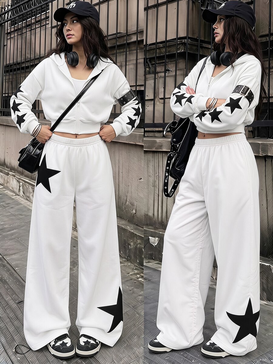 青少年女孩長袖秋冬抓絨內裡拉鍊連帽衫背心寬腿褲街頭風寬鬆六級制服正式白色度假沙灘 - 白色 - 查看 1