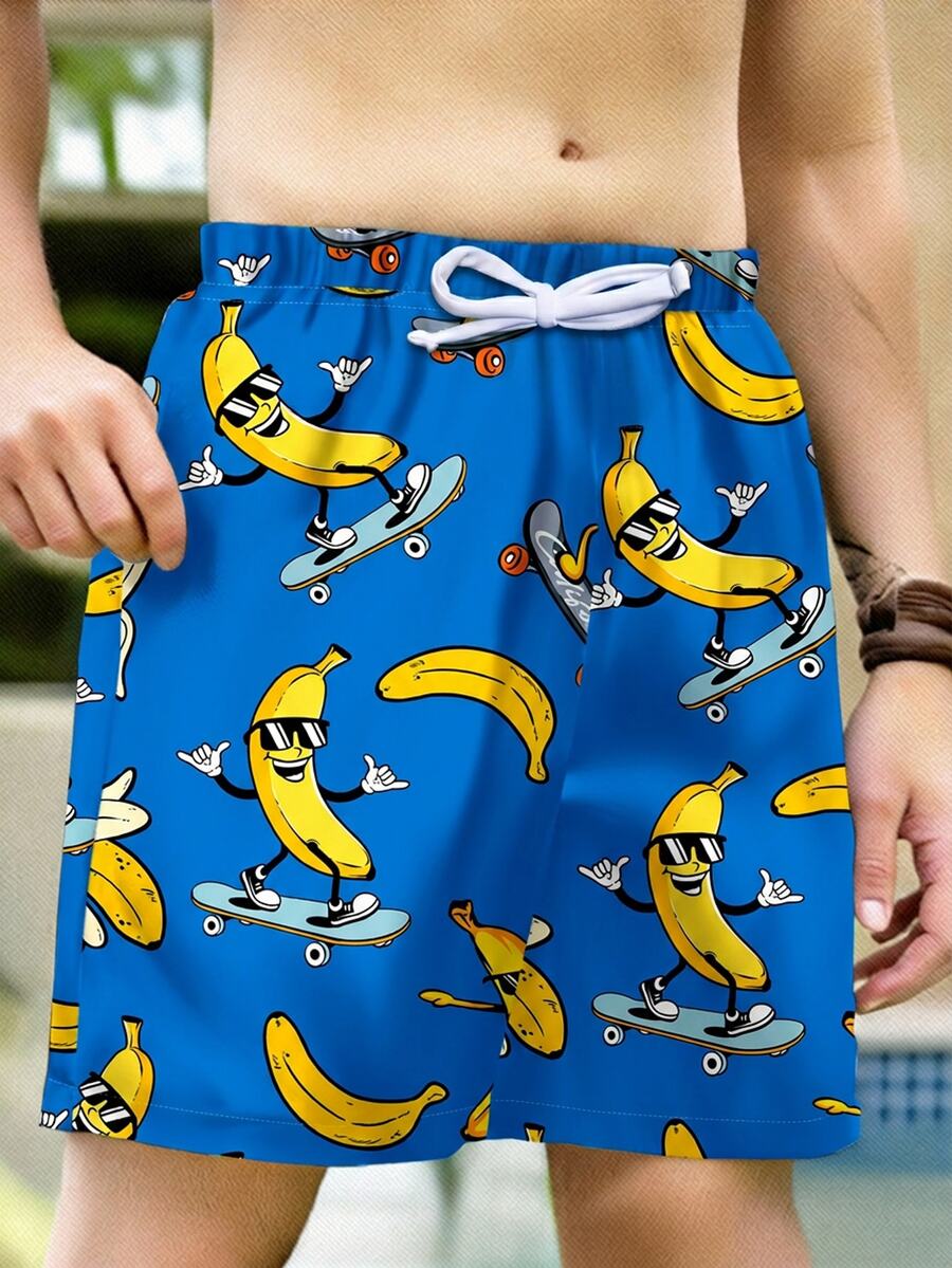 SHEIN Tween Boy Casual BANANA Print Loose Fit Beach Pants, Suitable For Summer, Beach, Outdoor, Swimming - Multicolor - View 1