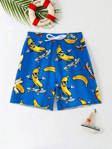 SHEIN Tween Boy Casual BANANA Print Loose Fit Beach Pants, Suitable For Summer, Beach, Outdoor, Swimming - Multicolor - View 2