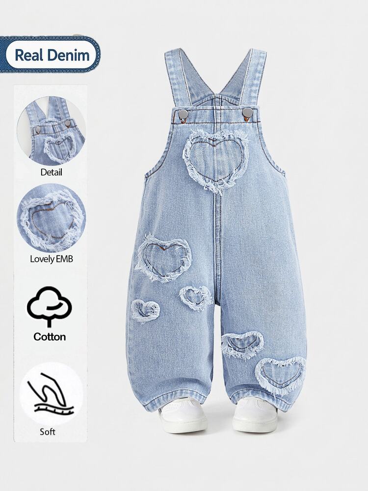 Baby Girl Fall/Winter Y2k Cute Frayed Hem Heart Patchwork Blue Denim Loose Overalls,For Baby Girls Daily & Streetwear Outfits,Toddler Christmas Outfit - Blue - View 2