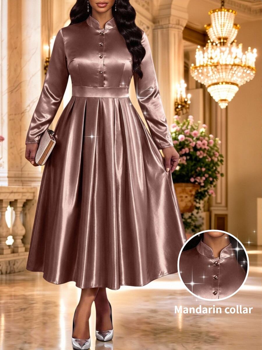 Fleurora Plus Size Elegant Satin Button Ruched Long Sleeve Evening Dress Fall - Mocha Brown - View 1