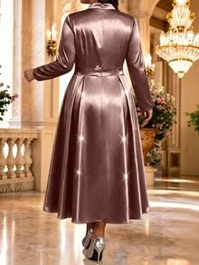 Fleurora Plus Size Elegant Satin Button Ruched Long Sleeve Evening Dress Fall - Mocha Brown - View 2