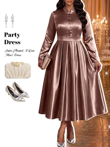 Fleurora Plus Size Elegant Satin Button Ruched Long Sleeve Evening Dress Fall - Mocha Brown - View 6