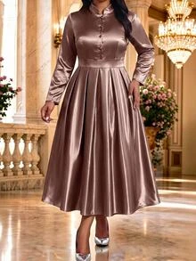 Fleurora Plus Size Elegant Satin Button Ruched Long Sleeve Evening Dress Fall - Mocha Brown - View 7