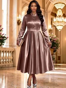 Fleurora Plus Size Elegant Satin Button Ruched Long Sleeve Evening Dress Fall - Mocha Brown - View 5