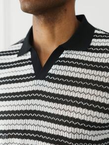 HUEFORM Camisa polo de manga corta para hombre, casual y versátil, con rayas y bloques de color, para verano, viajes y desplazamientos diarios - Blanco y Negro - Ver 3