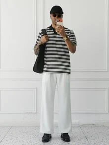 HUEFORM Camisa polo de manga corta para hombre, casual y versátil, con rayas y bloques de color, para verano, viajes y desplazamientos diarios - Blanco y Negro - Ver 5