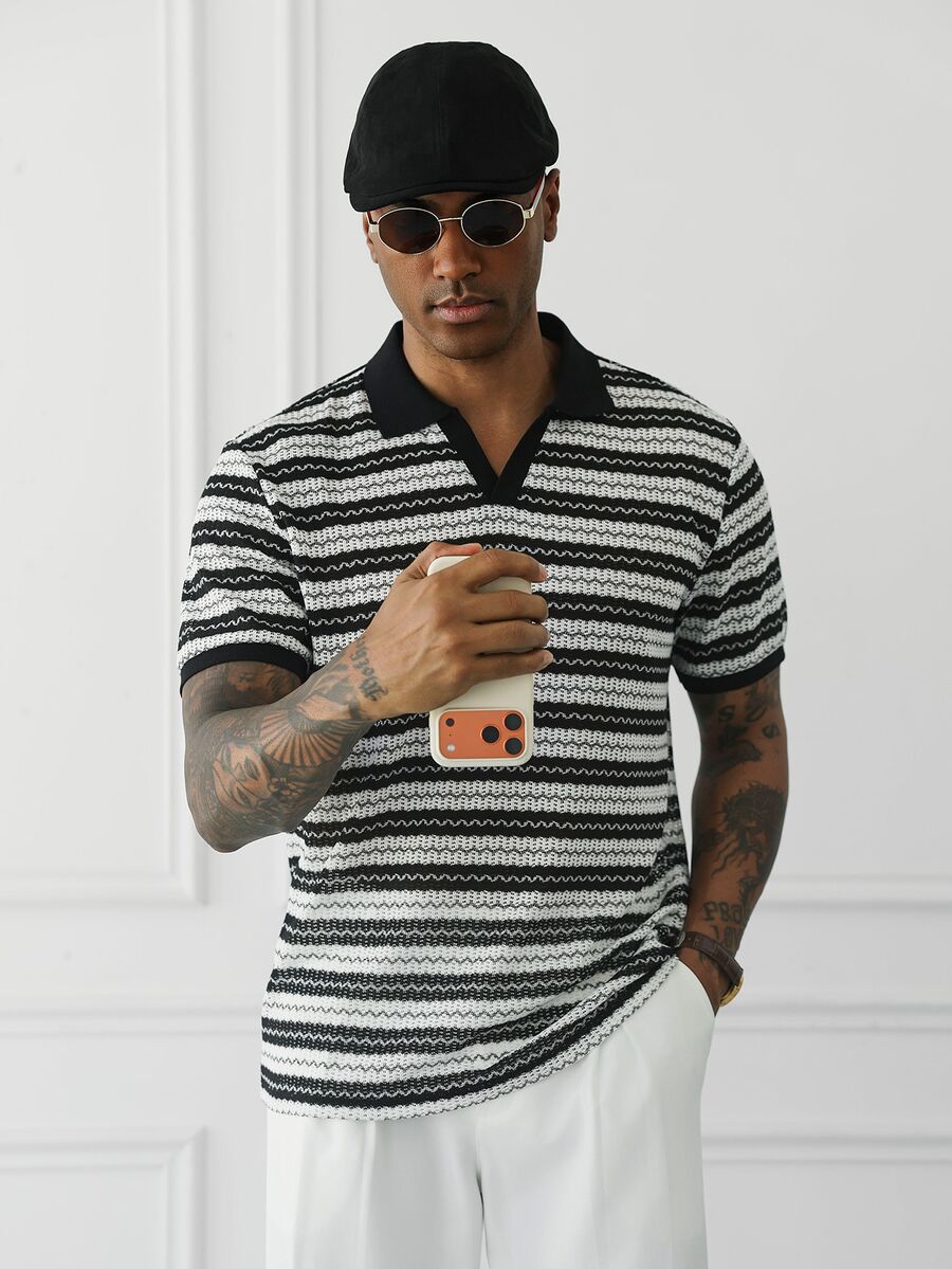 HUEFORM Camisa polo de manga corta para hombre, casual y versátil, con rayas y bloques de color, para verano, viajes y desplazamientos diarios - Blanco y Negro - Ver 1