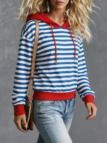 Trelyra Sweatshirt Bergaris Longgar Bergaya Vintage Baru, Sweatshirt Lengan Panjang Kasual - Blue and White - View 5