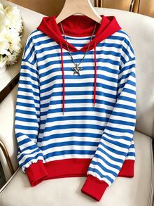 Trelyra Sweatshirt Bergaris Longgar Bergaya Vintage Baru, Sweatshirt Lengan Panjang Kasual - Blue and White - View 1