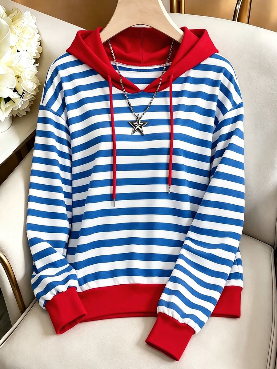 Trelyra Sweatshirt Bergaris Longgar Bergaya Vintage Baru, Sweatshirt Lengan Panjang Kasual - Blue and White - View 1