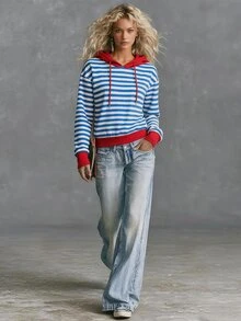 Trelyra Sweatshirt Bergaris Longgar Bergaya Vintage Baru, Sweatshirt Lengan Panjang Kasual - Blue and White - View 3