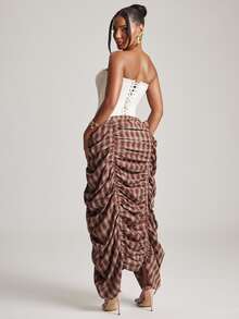 NYA SZN Skirt Maxi Length Tie Elastic Waist Gathered Ruched Plaid Back To School Classy Modest Church Summer Fall Outfits For Women - Multicolor - View 6