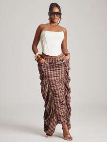 NYA SZN Skirt Maxi Length Tie Elastic Waist Gathered Ruched Plaid Back To School Classy Modest Church Summer Fall Outfits For Women - Multicolor - View 3