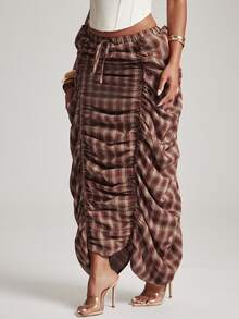 NYA SZN Skirt Maxi Length Tie Elastic Waist Gathered Ruched Plaid Back To School Classy Modest Church Summer Fall Outfits For Women - Multicolor - View 5