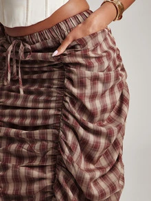NYA SZN Skirt Maxi Length Tie Elastic Waist Gathered Ruched Plaid Back To School Classy Modest Church Summer Fall Outfits For Women - Multicolor - View 2