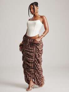 NYA SZN Skirt Maxi Length Tie Elastic Waist Gathered Ruched Plaid Back To School Classy Modest Church Summer Fall Outfits For Women - Multicolor - View 4