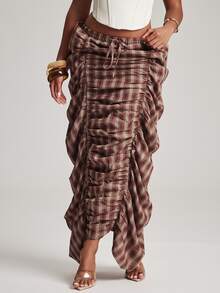 NYA SZN Skirt Maxi Length Tie Elastic Waist Gathered Ruched Plaid Back To School Classy Modest Church Summer Fall Outfits For Women - Multicolor - View 1