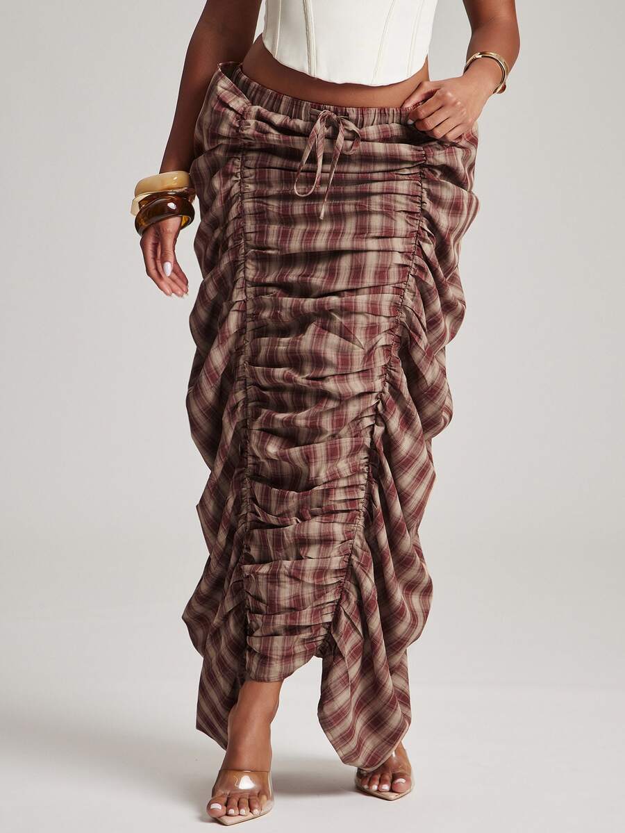 NYA SZN Skirt Maxi Length Tie Elastic Waist Gathered Ruched Plaid Back To School Classy Modest Church Summer Fall Outfits For Women - Multicolor - View 1