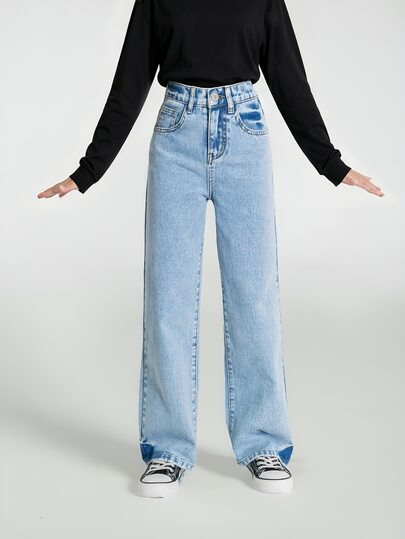 SHEIN Tween Girl Basic Daily Loose Wide Leg Denim Pants