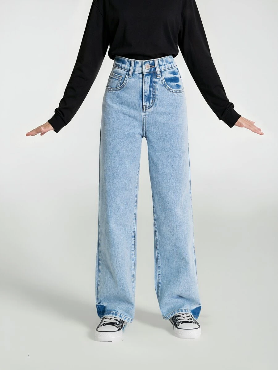 SHEIN Tween Girl Basic Daily Loose Wide Leg Denim Pants - Light Wash - View 1