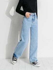 SHEIN Tween Girl Basic Daily Loose Wide Leg Denim Pants - Light Wash - View 4