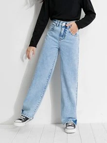 SHEIN Tween Girl Basic Daily Loose Wide Leg Denim Pants - Light Wash - View 5