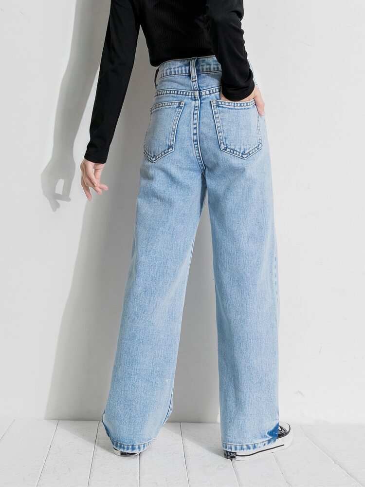 SHEIN Tween Girl Basic Daily Loose Wide Leg Denim Pants - Light Wash - View 2