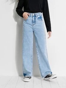 SHEIN Tween Girl Basic Daily Loose Wide Leg Denim Pants - Light Wash - View 3