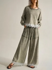SHEIN Women's Minimalist Solid Color Lace Patchwork Top And Pants 2 Pieces Set - Army Green - View 2