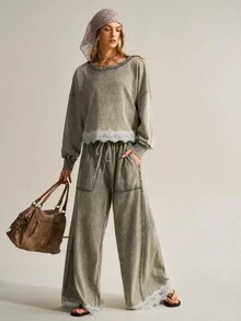 SHEIN Women's Minimalist Solid Color Lace Patchwork Top And Pants 2 Pieces Set - Army Green - View 4
