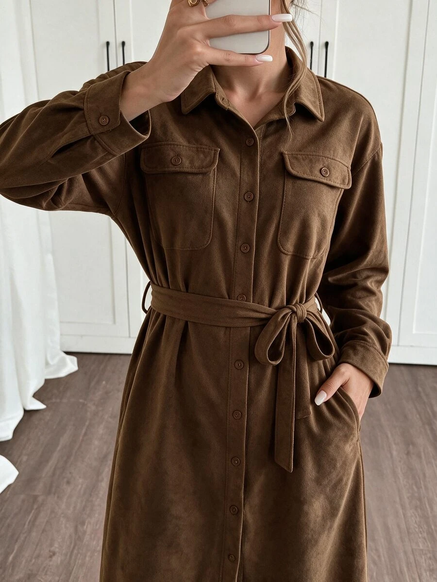 SHEIN LUNE Women's Fall Fashion Casual Loose Fit Midi Dress With Large Pockets And Belt Waist, Suitable For Daily Commute, Street Style Office Shades Of Brown - Brown - View 1