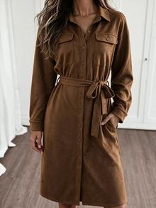 SHEIN LUNE Women's Fall Fashion Casual Loose Fit Midi Dress With Large Pockets And Belt Waist, Suitable For Daily Commute, Street Style Office Shades Of Brown - Brown - View 3