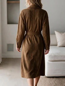 SHEIN LUNE Women's Fall Fashion Casual Loose Fit Midi Dress With Large Pockets And Belt Waist, Suitable For Daily Commute, Street Style Office Shades Of Brown - Brown - View 2