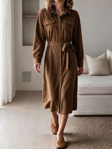 SHEIN LUNE Women's Fall Fashion Casual Loose Fit Midi Dress With Large Pockets And Belt Waist, Suitable For Daily Commute, Street Style Office Shades Of Brown - Brown - View 9