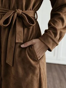 SHEIN LUNE Women's Fall Fashion Casual Loose Fit Midi Dress With Large Pockets And Belt Waist, Suitable For Daily Commute, Street Style Office Shades Of Brown - Brown - View 8