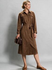 SHEIN LUNE Women's Fall Fashion Casual Loose Fit Midi Dress With Large Pockets And Belt Waist, Suitable For Daily Commute, Street Style Office Shades Of Brown - Brown - View 6